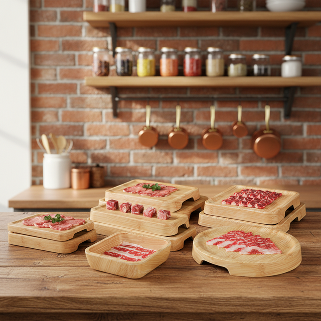 High-quality Melamine Platter Set with Rectangular Wood Grain Board, Suitable for Beef Bread, Pizza Dining and Wedding Occasions
