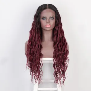 Aisi Hair Fluffy Ombre Red Long Water Wave New Design Wholesale Vendor Afro Kinky Synthetic Hair For Black Women Lace Front Wig