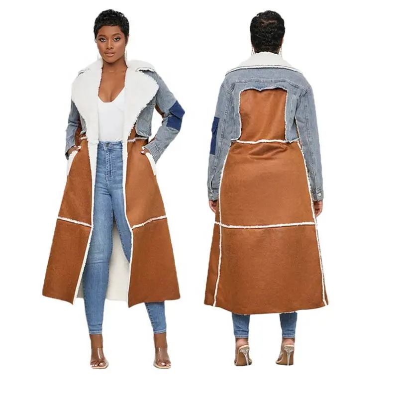 Latest jackets for women denim patchwork long coats brown for women stitching fleece long vintage jacket denim winter