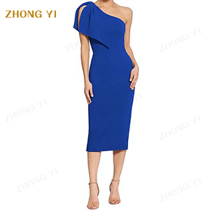 All'ingrosso della fabbrica della donna di moda caldo <span class=keywords><strong>monospalla</strong></span> <span class=keywords><strong>monospalla</strong></span> fiocco di colore solido elegante <span class=keywords><strong>Midi</strong></span> eleganti abiti da festa Casual - Product Image 2