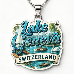 Pendentif souvenir du lac Genève, Suisse, en alliage de zinc plaqué argent, émail dur, forme irrégulière, impression numérique, artisanat métallique - Product Image 1