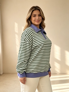 Sudadera de moda de talla grande con cuello polo a rayas, hombros caídos, manga larga, estilo casual y bloques de color - Product Image 2