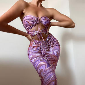 <span class=keywords><strong>Xuanlang</strong></span>-minivestido Bandeau plisado con estampado de mármol para mujer, ropa informal con Espalda descubierta, LYQ021 - Product Image 1