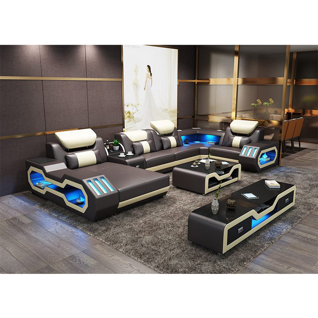 Smart Modern L-Shaped Wood Corner Sofa with Light Sound Sofa Bed for Apartment Mall & School Use