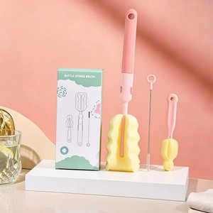 Juego de cepillos de esponja para biberones, 3 piezas, rosa y verde, para limpieza de pajitas y tetinas de biberones, con diseño portátil - Product Image 1