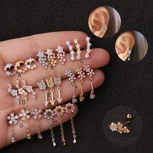 Piercing pour Cartilage d'oreille, 1 à 50 pièces/lot, Rose/jaune or et argent, bijoux en acier inoxydable 20g