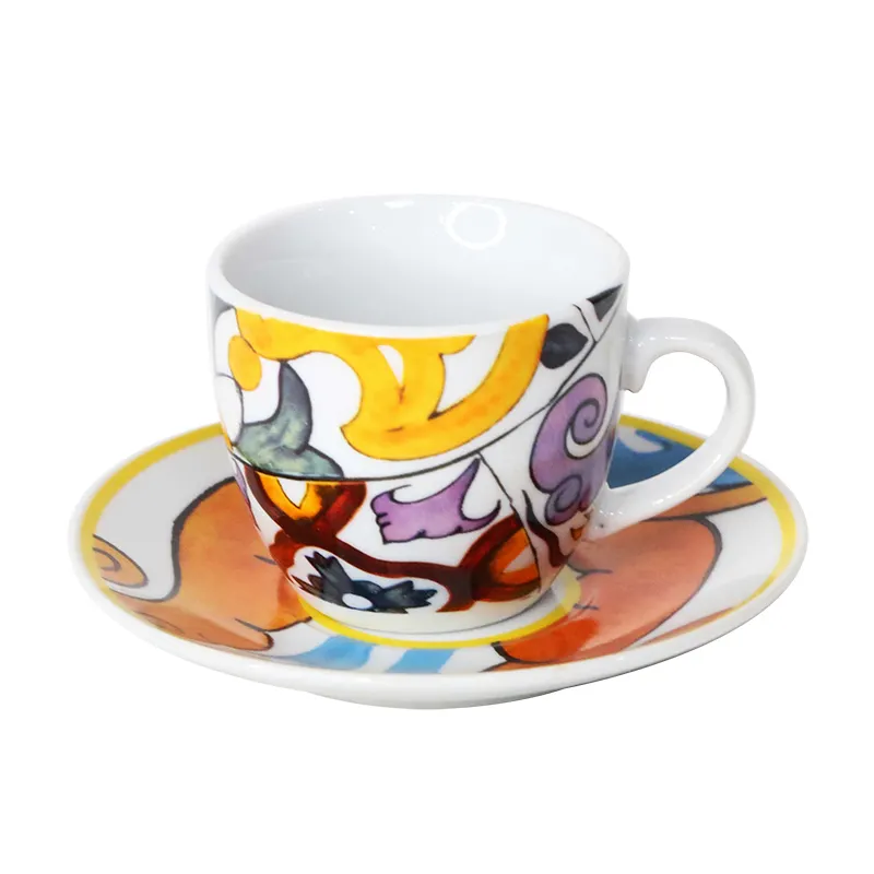 セラミックカップ & ソーサー絶妙なデカールクラフト磁器ミルクコーヒーティーカップ & ソーサーセット