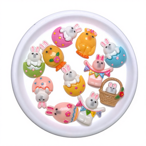 Panier de Pâques avec figurines de lapin et de poussin, jouets, cabochons en résine à dos plat, collection peinte artistiquement, ensemble pour jardin féerique, fête de Pâques - Product Image 5