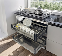 Organizador de Gavetas Retrátil de Alumínio com 2 Níveis para Pratos, Prateleira de Cozinha que Economiza Espaço, Sem Furos, para Utensílios e Tigelas
