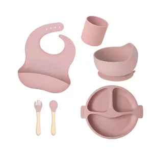 Support personnalisé vaisselle en silicone hêtre pour enfants ensemble de 6 pièces alimentation de qualité alimentaire pour bébé vaisselle en silicone LFGB
