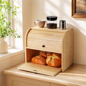 Wooden Bread Storage Box <b>Double</b> Layer Sliding Cover Kitchen Countertop Bread <b>Bin</b> With Ventilation Holes And Anti Slip Pads - Product Image 3