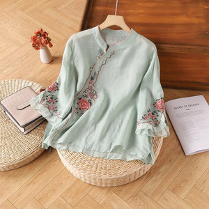 Women's Linen Embroidered Button Down Shirt Chinoiserie Three Quarter Sleeve Traditional Chinese Style Tea Dress Yellow - Product Image 2
