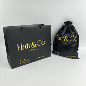 Sacs à cordon en satin noir personnalisés avec impression dorée - Emballage de luxe pour extensions de cheveux et perruques - Product Image 2