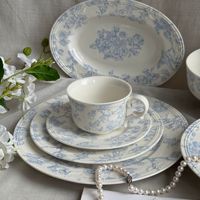 Ensemble tasse et soucoupe en céramique style rétro français, motif floral bleu et oiseaux, compatible micro-ondes, pour thé de l'après-midi, café, desserts, petit-déjeuner occidental