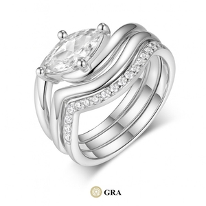 خواتم زفاف ثلاثية الطبقات بتصميم مينيمال ماركيز معتمدة من GRA مصنوعة من الفضة الإسترلينية عيار 925 مطلية بالذهب عيار 18 قيراط مجموعة خواتم مويسانيت - Product Image 2