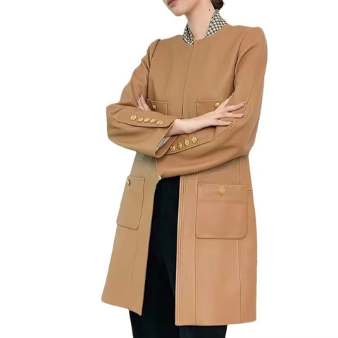 Custom Long Sleeves O Neck Elegant Loose Brown Long Women's Genuine Leather Coat