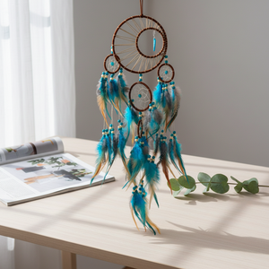 Attrape-rêves bohème turquoise fait main avec plumes pour décoration murale de chambre et maison, art mural bohème - Product Image 2