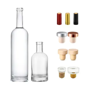 Di alta qualità vuoto chiaro rotondo 500ml 750ml bottiglia di whisky spirito vodka brandy liquore alcol bottiglia extra selce selce bottiglia di vetro con tappo