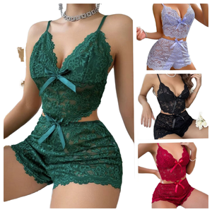 Ensemble court en dentelle pour <span class=keywords><strong>femme</strong></span>, pyjama tissé sexy et confortable, vêtements de nuit et de détente d'été avec bretelles réglables - Product Image 1