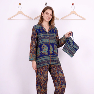 Ensemble pyjama 2 pièces pour femme en fibre de bambou 100 %, manches trois quarts, col mandarin, imprimé à carreaux, longueur intégrale, automne, élégant, décontracté - Product Image 1