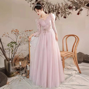 Women's Evening Gown <b>Pink</b> Chiffon Empire Waist Sweetheart Neckline A-Line Long Sleeve Formal Dress For Banquets And Events - Product Image 1