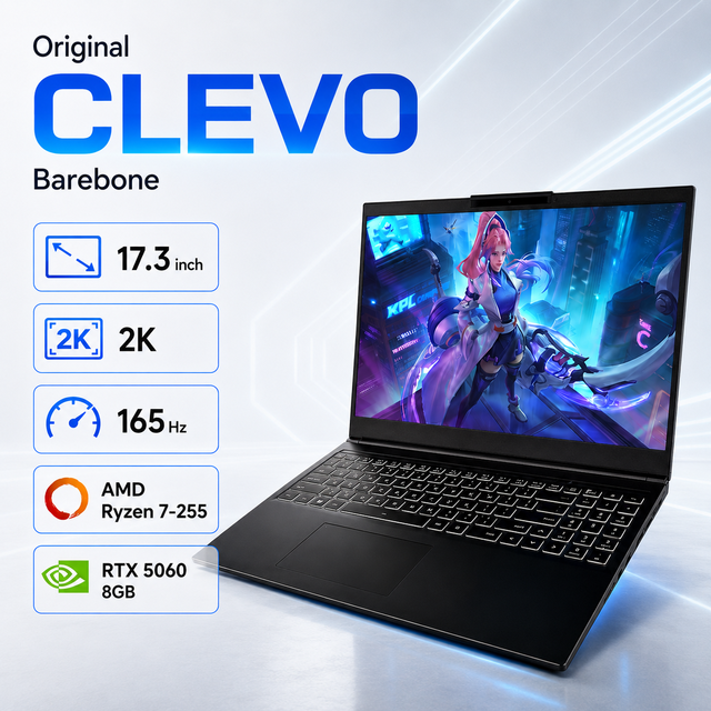 Based on Clevo 17.3 Inch AMD Ryzen 7-255 RTX5060 8GB 64GB GDDR7 DDR5 RAM M2 PCIe Design Gamer WIFI 6 Windows 11 Gaming Laptop