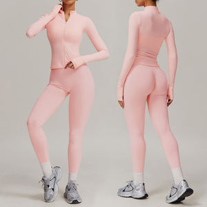 DTZ4001-5 однотонная двухсторонняя шуба телесного цвета, костюм телесного цвета с длинным рукавом, облегающий костюм для бега, фитнеса, йоги, комплект из двух предметов - Product Image 1