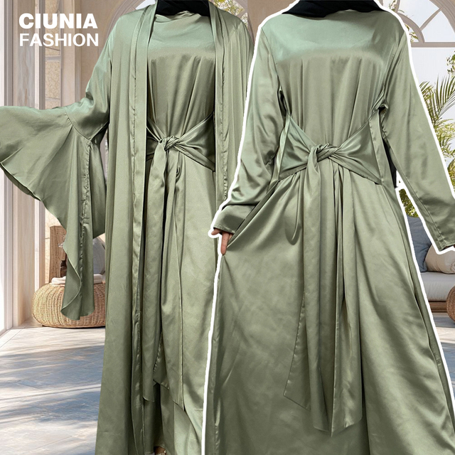 Women 2 Pieces Abaya Set Chic Lace up Waist Inner Dress and Ruffle Sleeves Cardigan Smooth Thin Satin Eid Muslim Abaya 1925#