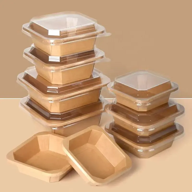 Hina-fiambrera cuadrada biodegradable para comida rápida, caja de papel de comida china con tapa para llevar