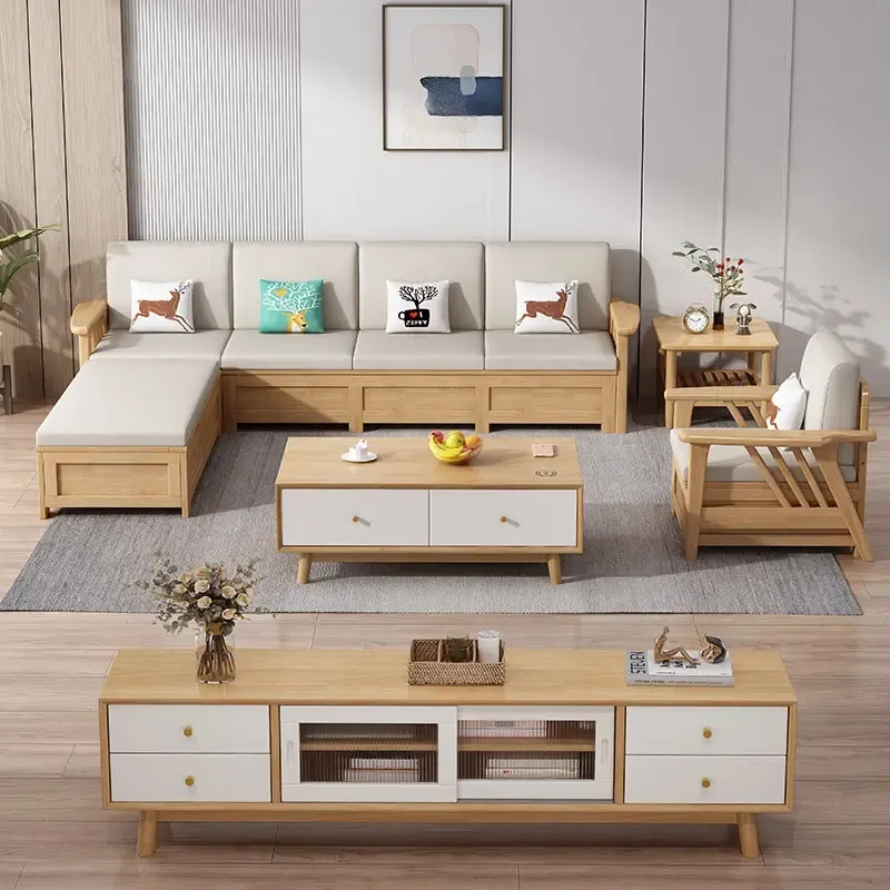Простой современный угловой диван для гостиной из массива дерева в скандинавском стиле, небольшой домашний диван-кровать
