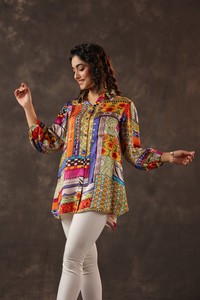 Buy Multicolor <b>Patchwork</b> Print Button Front Tunic <b>Shirt</b> Relaxed Fit Balloon Sleeve Designer Fashion Dress - Product Image 6