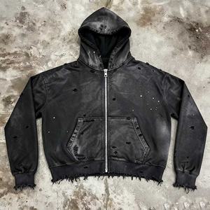 Sweat à capuche zippé pour homme, style streetwear, personnalisé, vintage, effet usé avec trous, coupe oversize, effet ciré, grammage lourd 400-500 g/m², coupe carrée et courte - Product Image 2