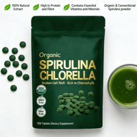 Approvisionnement direct usine, échantillon gratuit, comprimés de spiruline et de chlorelle de qualité alimentaire OEM, 720 unités, riches en protéines et vitamines, pour hommes et femmes, durée de conservation de 24 mois