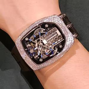 Montre-bracelet squelette mécanique automatique de luxe pour homme, boîtier tonneau de haute qualité, incrustée de diamants, style hip-hop, montre glacée - Product Image 5