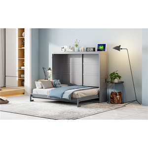 <b>Queen</b> Size Murphy <b>Bed</b> Wall <b>Bed</b> Gray <b>Storage</b> Cabinet <b>With</b> Doors For Small Spaces - Product Image 4
