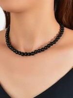 Collier de perles noir brillant personnalisable avec fermoir doré et chaîne d'extension pour hommes et femmes