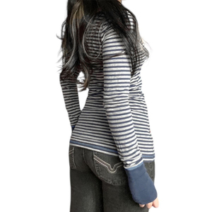 Camiseta de punto a rayas con bloques de color para mujer, con estampado de letras, cuello redondo, manga corta, estilo Y2K, informal, para dama - Product Image 2