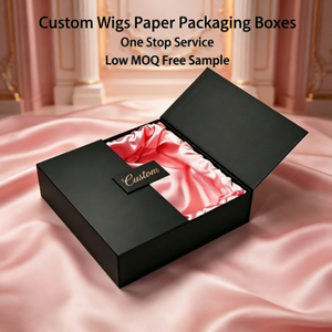 Caja de Empaque Magnética de Lujo para Pelucas con Logotipo Personalizado, Caja Rígida de Papel Negro Mate con Logotipo en Lámina Rosa y Forro de Satén para Pelucas de Cabello Humano - Product Image 1