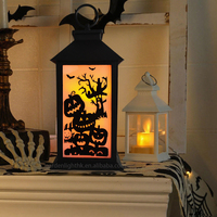 Lanterne LED d'Halloween en plastique noir de 13 pouces, à piles, motifs citrouille et chauve-souris, avec minuterie, décoration effrayante pour maison hantée