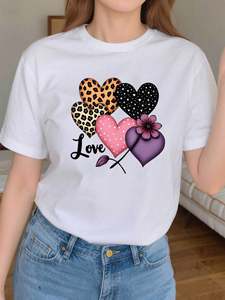 T-shirt da donna per San Valentino, girocollo, manica corta, taglie forti, con stampa a cuore, casual, primavera estate, in cotone jersey - Product Image 3