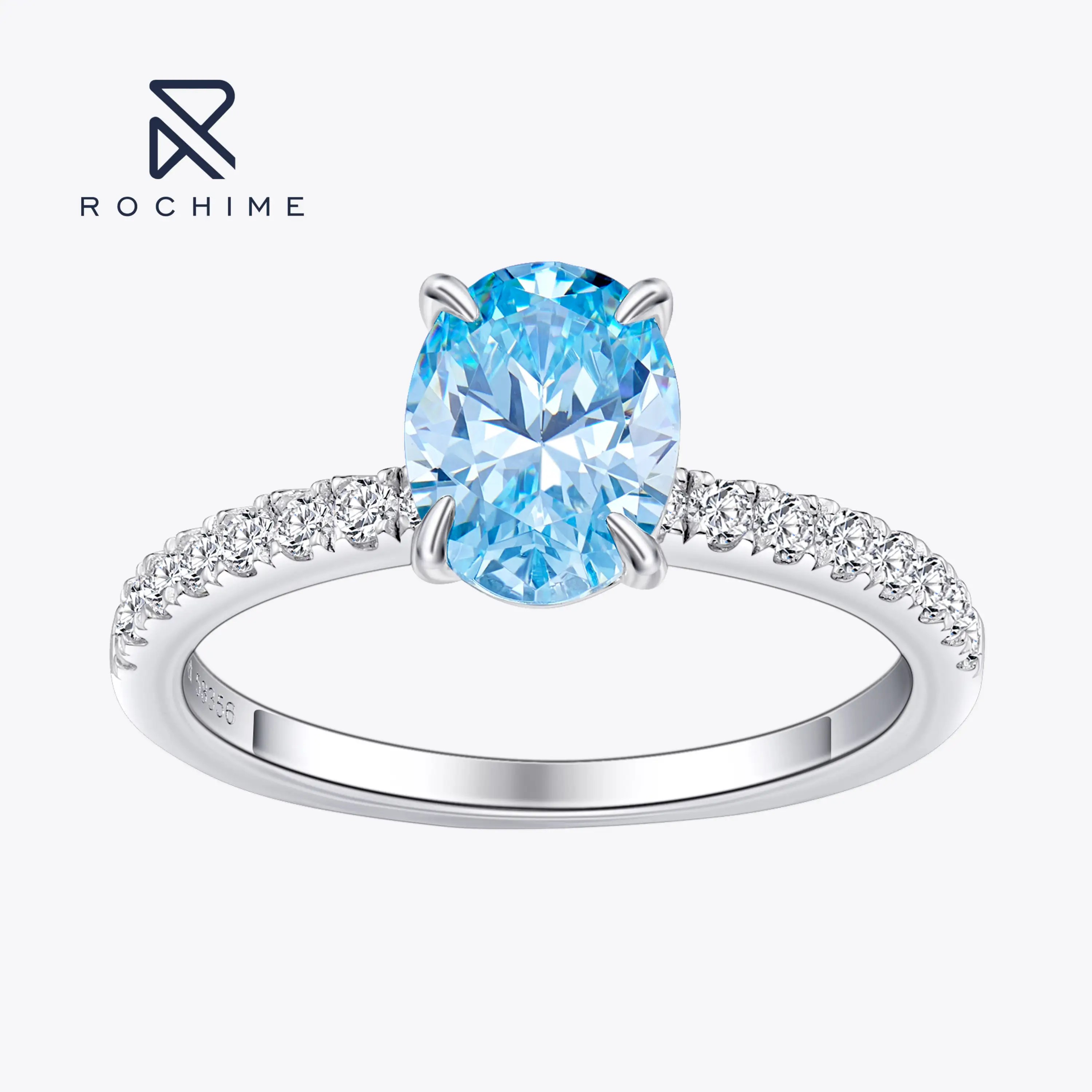 Rochime trendy personalizzato colore chiaro acquamarina anello di diamanti blu 925 nastro cubic zirconia gioielli di moda