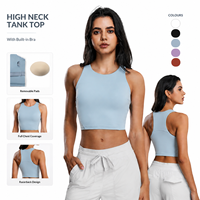 Atasan Olahraga Wanita Custom Logo Kerah Bulat Racerback dengan Bra Terpadu, Crop Top Workout, Vest Yoga Berbantalan, Tank Top Sport