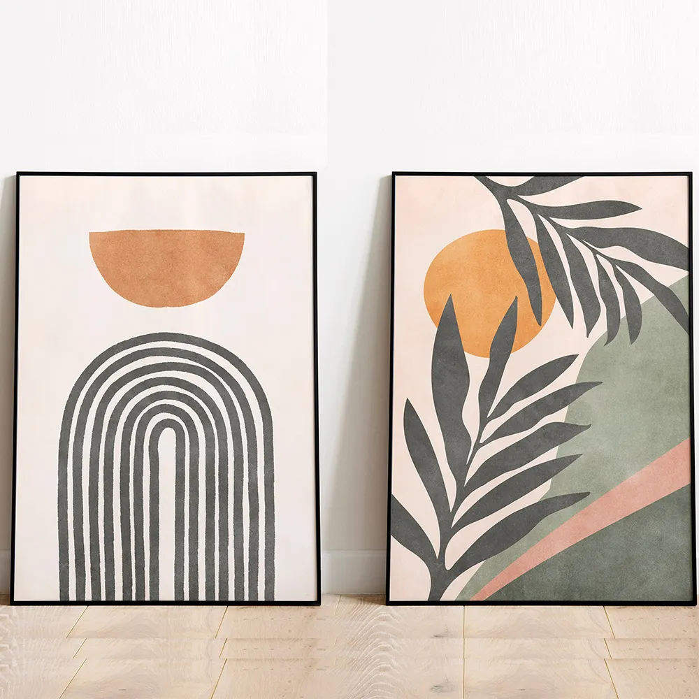 Daun tanaman garis matahari geometris Boho abstrak galeri Nordic poster seni dinding dan cetakan gambar lukisan untuk dekorasi ruang tamu