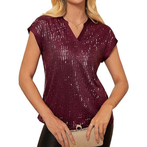 Haut à manches courtes à col en V pour femmes, orné de paillettes, couleur unie, polyester, tenue de soirée, or, blanc, noir, argent, bleu - Product Image 5