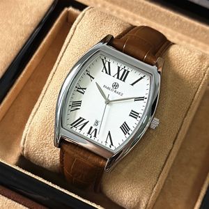 Cross-border best-selling waterproof leather <b>watch</b> with barrel-shaped <b>case</b> and calendar display, featuring simple and casual sty - Product Image 5