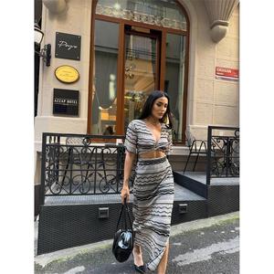 Conjunto de dos piezas de punto elegante para mujer, top corto y falda a juego, conjunto de traje transpirable a la moda, color beige - Product Image 6