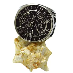 Holy Jewelry Silver Battle Angel ST. MICHAEL PROTECT US words Punk Motor Signet Ring with Cross Pattern for Men Women