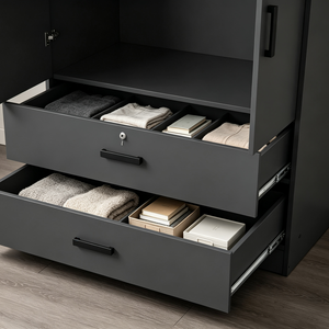 <span class=keywords><strong>Armoire</strong></span> de chambre à coucher de luxe noire mate, prête à assembler (RTA), avec tiroirs et tringle de suspension, fabrication OEM/ODM sur mesure - Product Image 4
