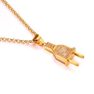 Men Necklace Jewelry Type <b>Gold</b> Plated Plug Pendant Necklace Charm Necklace with Crystal Stone - Product Image 3