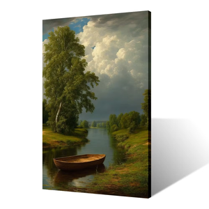 Quadro su Tela Classico con Lago e Barca a Remi, Acqua Calma, Cielo Drammatico, Foresta Verde, <span class=keywords><strong>Realismo</strong></span>, Natura, Decorazione per Casa e Ufficio - Product Image 1